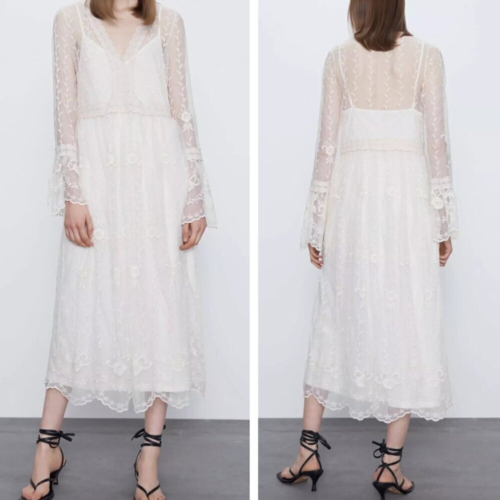 Zara Cream Sheer Long Bell Sleeves Boho Midi Dress Size Small - 35454